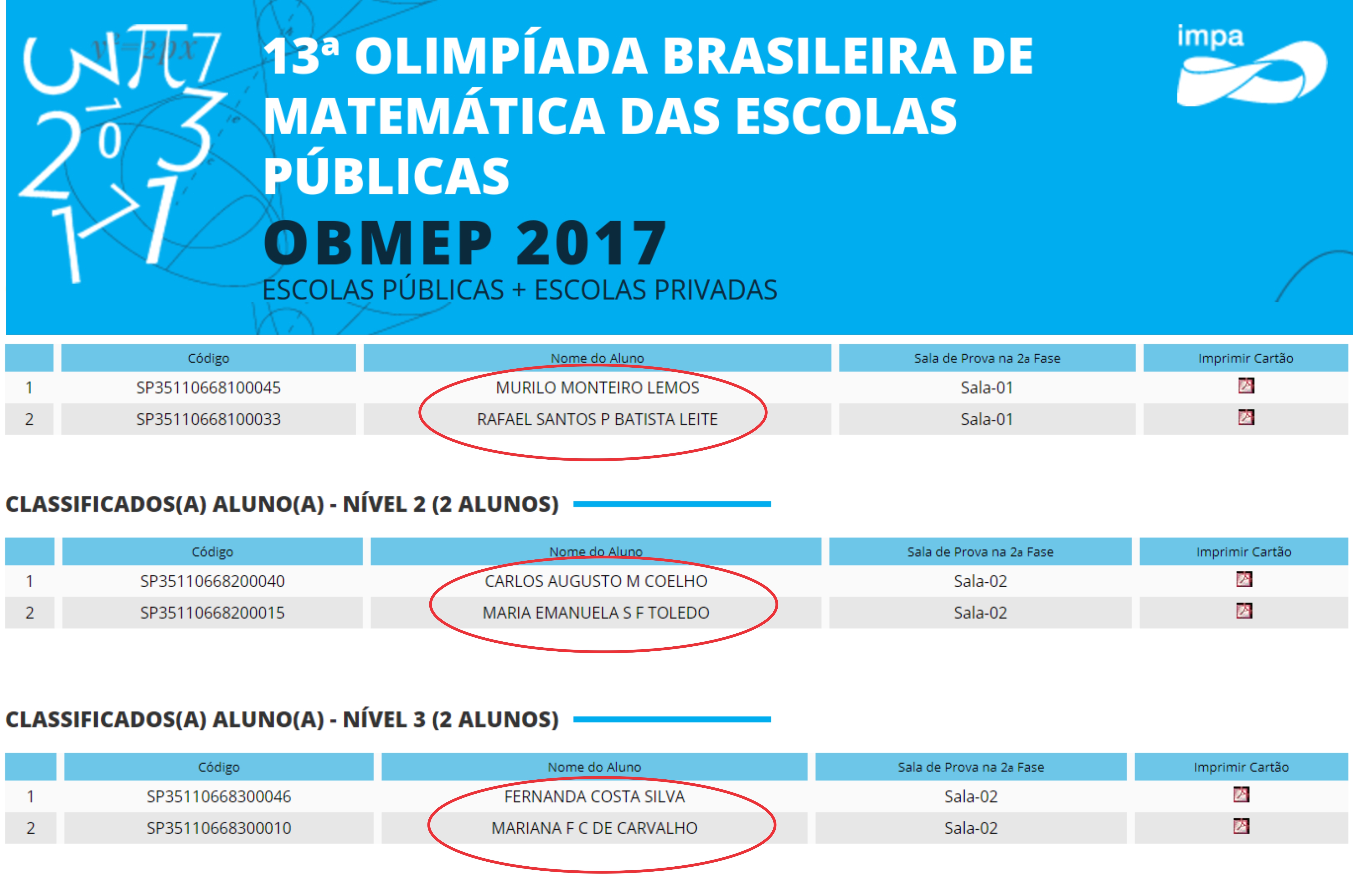 Aprovados para a 2ª fase da Olimpíada Brasileira de Matemática  - OBMEP