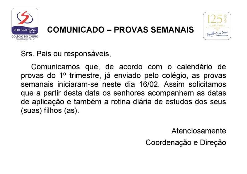 COMUNICADO: PROVAS SEMANAIS