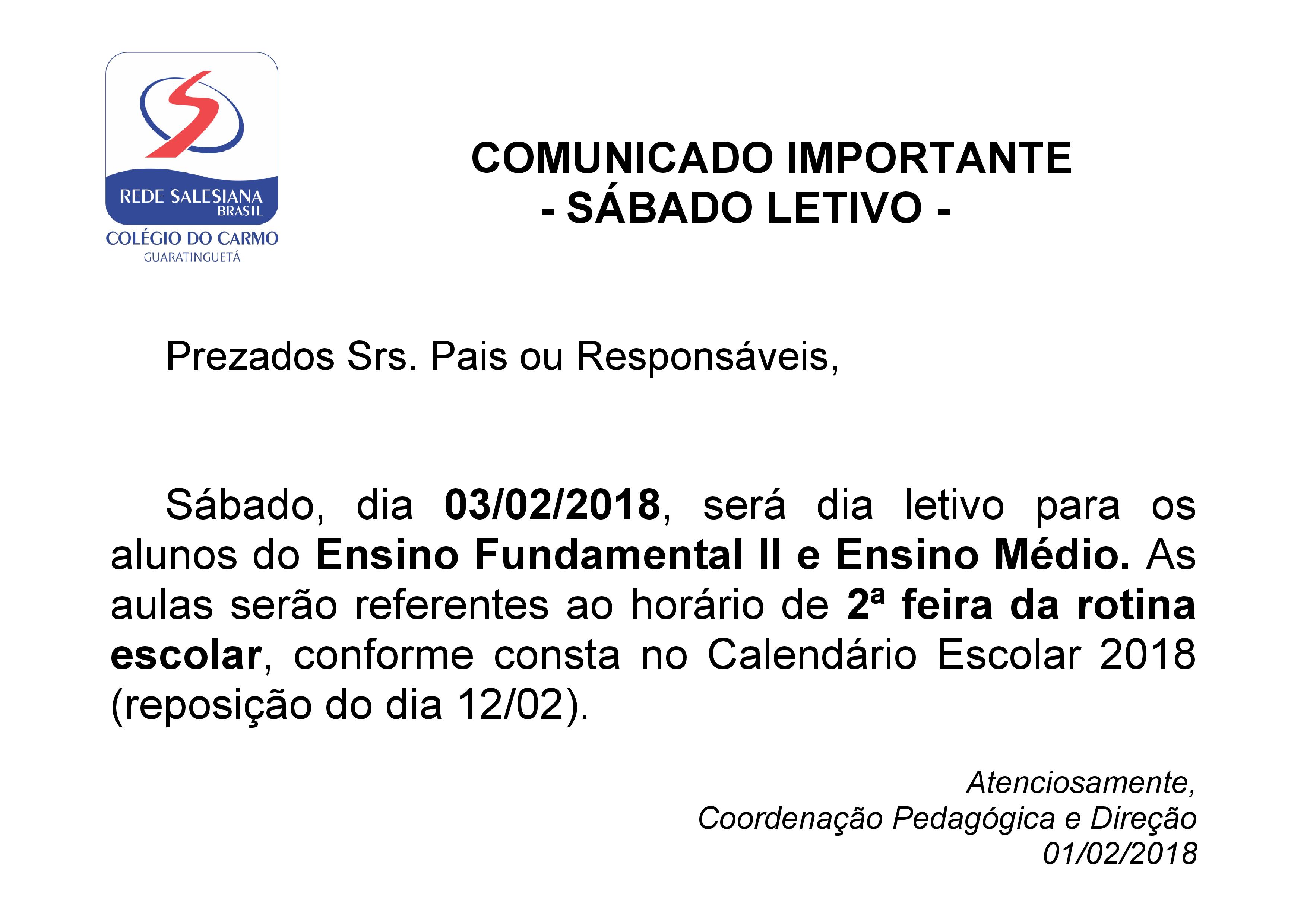 Sábado Letivo - Ensino Fundamental II e Ensino Médio