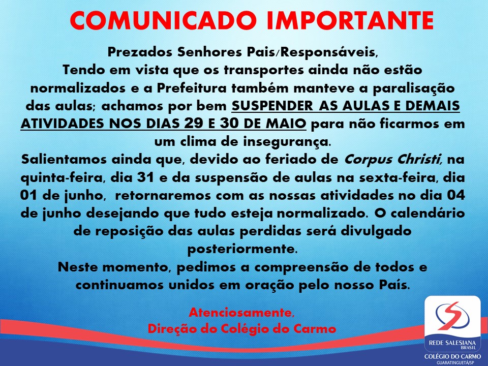 COMUNICADO IMPORTANTE: SUSPENSÃO DE AULAS!