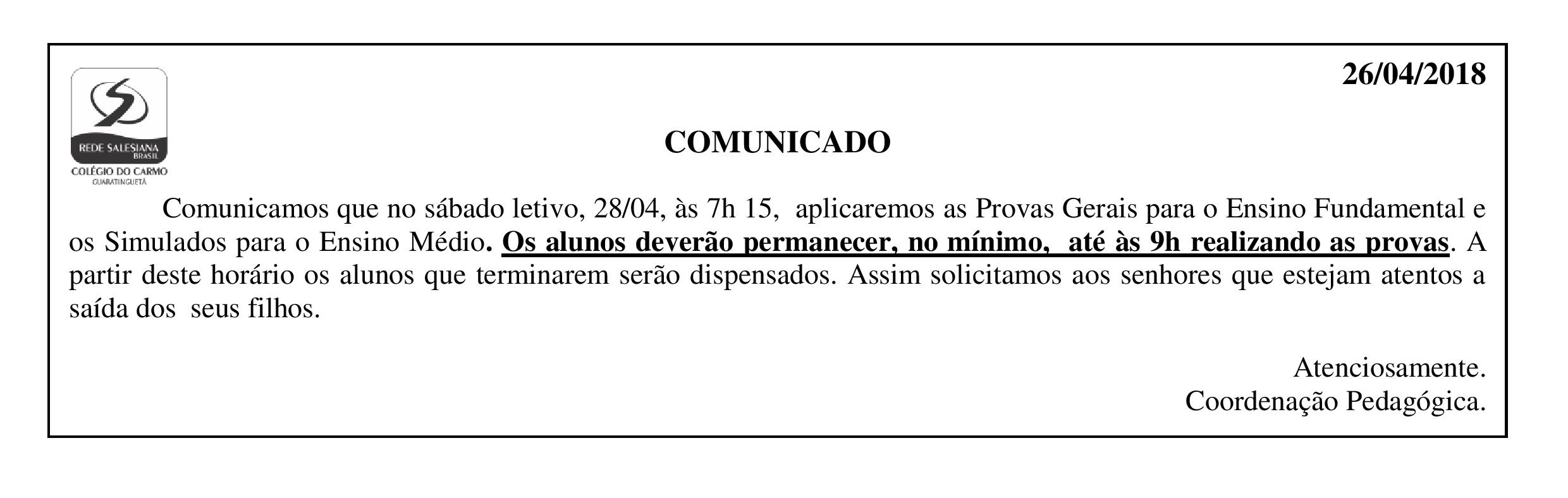 COMUNICADO - Sábado Letivo