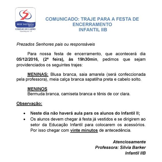 INF II B - TRAJES PARA FESTA DE ENCERRAMENTO